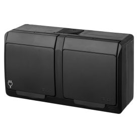Pistikupesa pinnapealne Elektro-Plast Hermes  2 x 2P+Z Schuko IP44 must